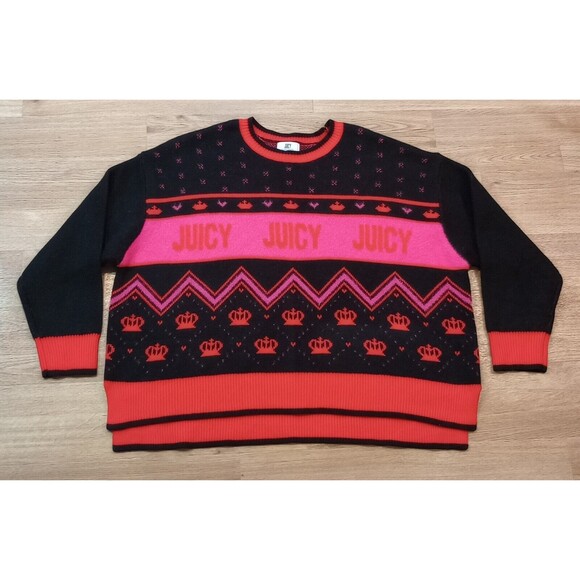 Juicy Couture Sweater Womens 3XL Plus Holiday Crew Neck Pullover Festive Print - Picture 1 of 14